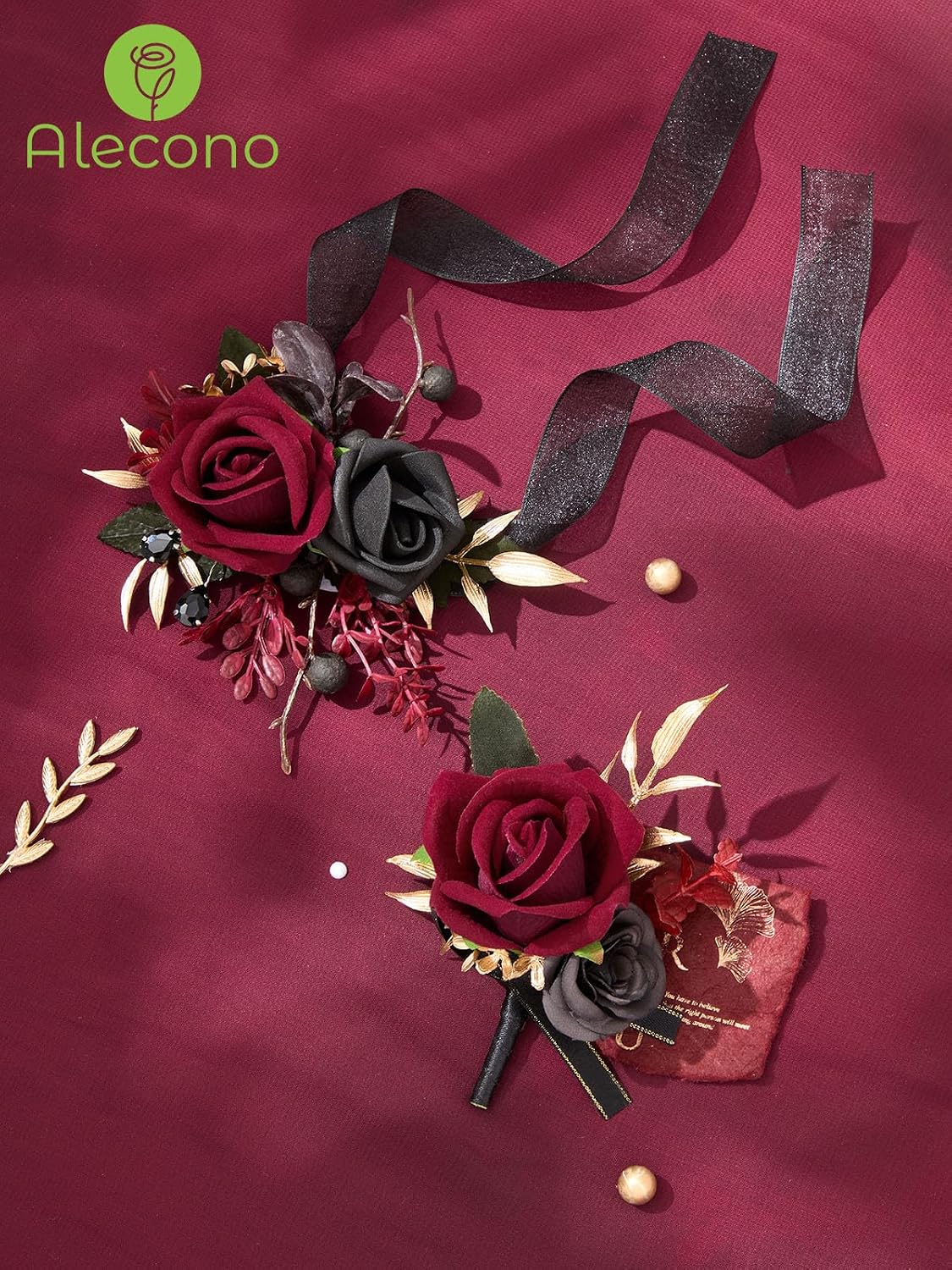 Alecono Burgundy Corsage and Boutonniere Set Red Black Rose Wristlet