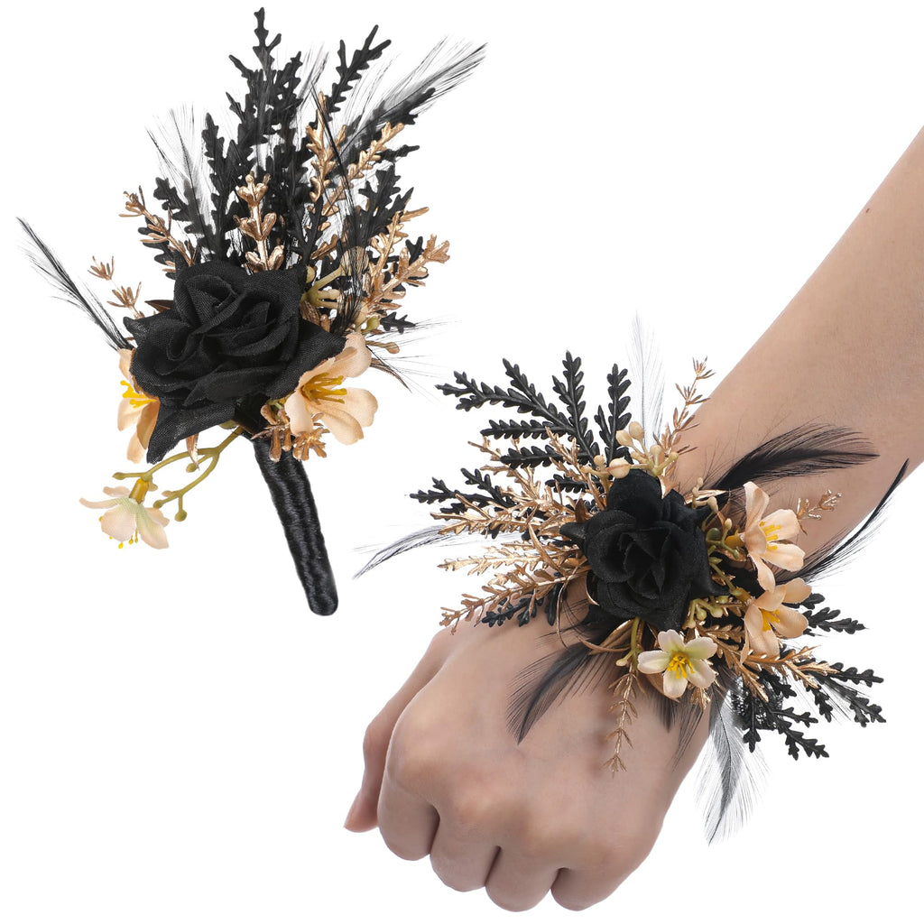 Corsage and Boutonniere Set - Black Wristlet for Men Prom Dark Wrist Corsage for Goth Wedding Ceremony
