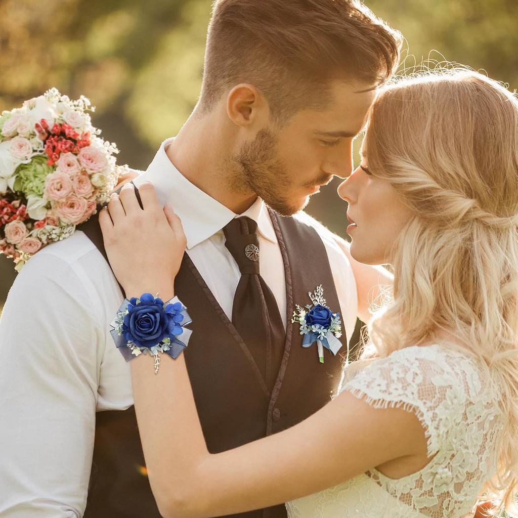 Blue Corsage and Boutonniere Set Double Pearl Bracelets