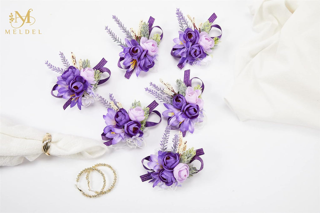 Lavender Purple Faux Wrist Corsages, Set of 6, for Bride Wedding