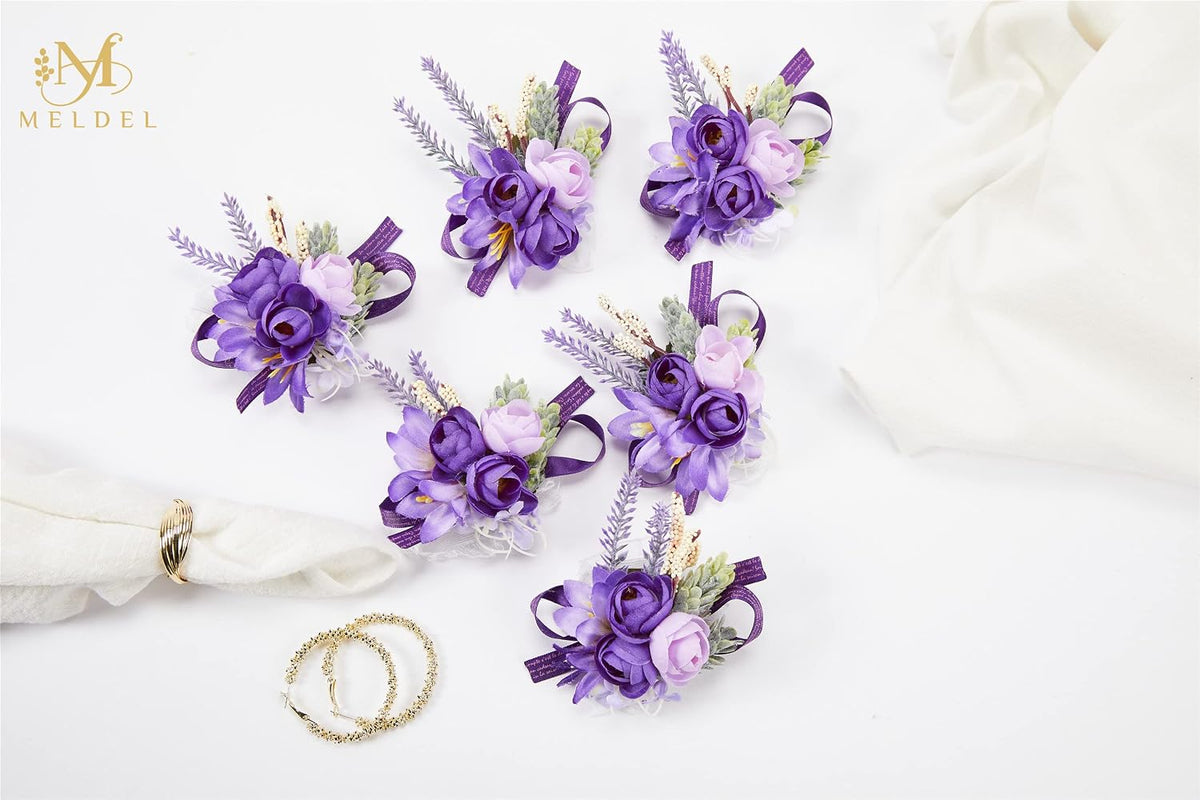 Lavender Purple Faux Wrist Corsages, Set of 6, for Bride Wedding