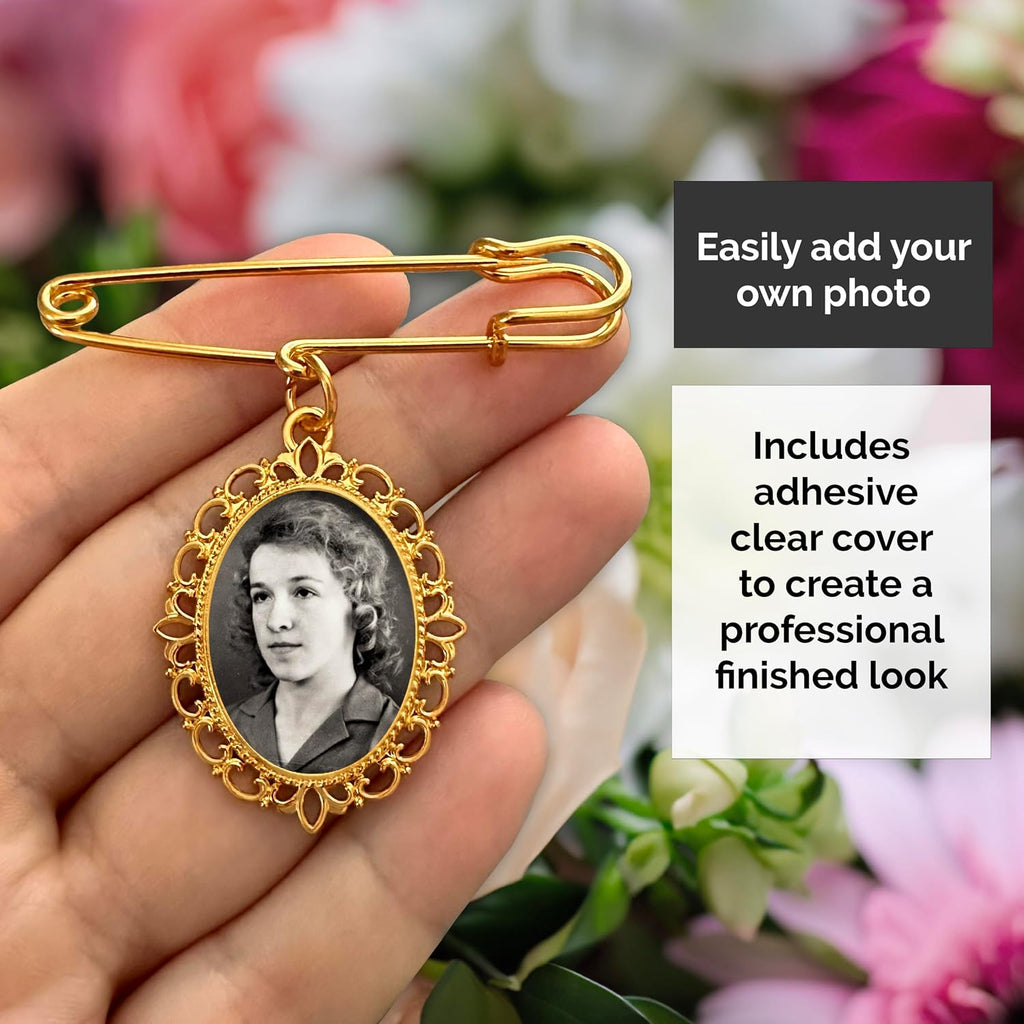 Gold Wedding Bouquet Photo Charm Pin for Bridal Bouquet or Boutonniere Memorial for Mother Father of The Bride or Groom Wedding Accessory