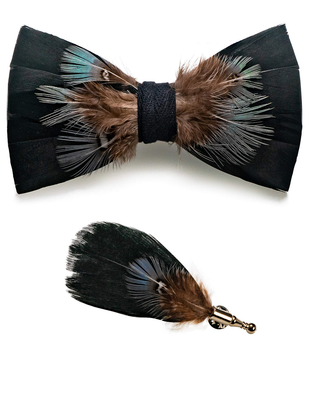 RBOCOTT Handmade Feather Pre-tied Bow tie and Brooch Sets for Men
