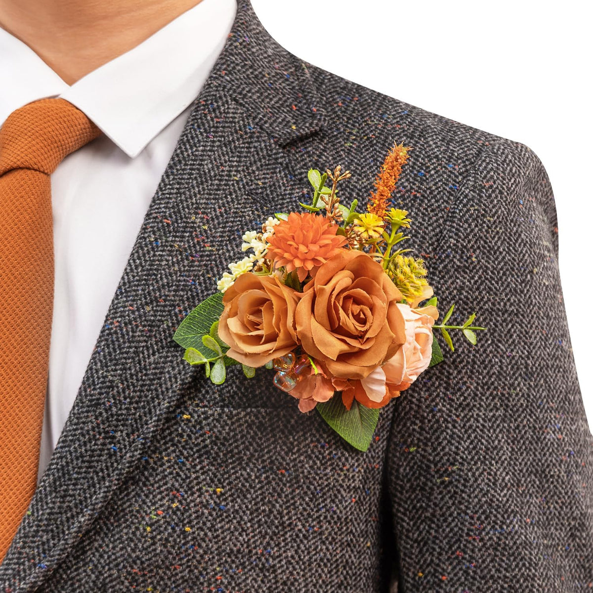 TINGE TIME Luxury Groom Boutonniere for Wedding, 1 PCS Pocket Boutonniere for Men Wedding, Prom, Homecoming, Anniversary, Graduation, Christmas Dinner (Terracotta)