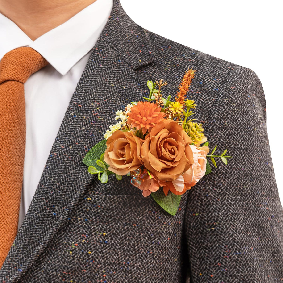 TINGE TIME Luxury Groom Boutonniere for Wedding, 1 PCS Pocket Boutonniere for Men Wedding, Prom, Homecoming, Anniversary, Graduation, Christmas Dinner (Terracotta)