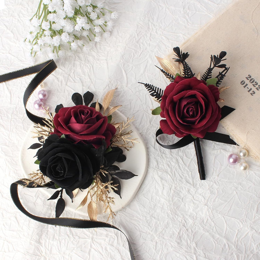Burgundy and Black Wrist Corsage Wristlet and Boutonniere Set