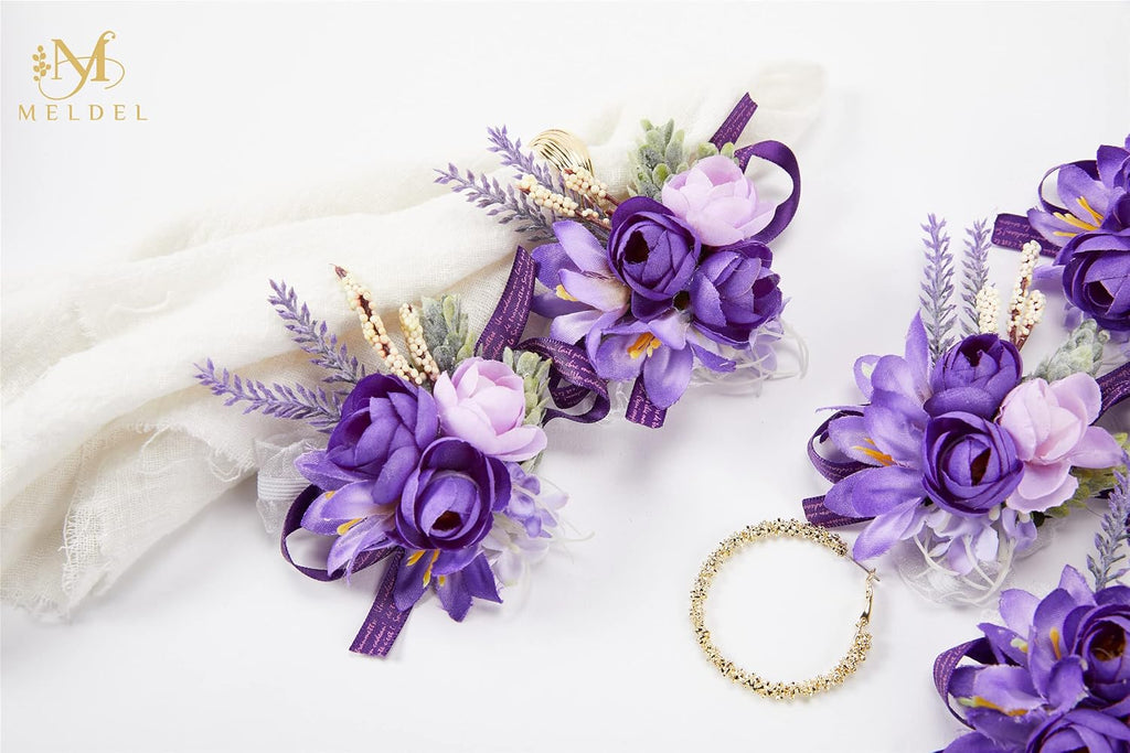 Lavender Purple Faux Wrist Corsages, Set of 6, for Bride Wedding