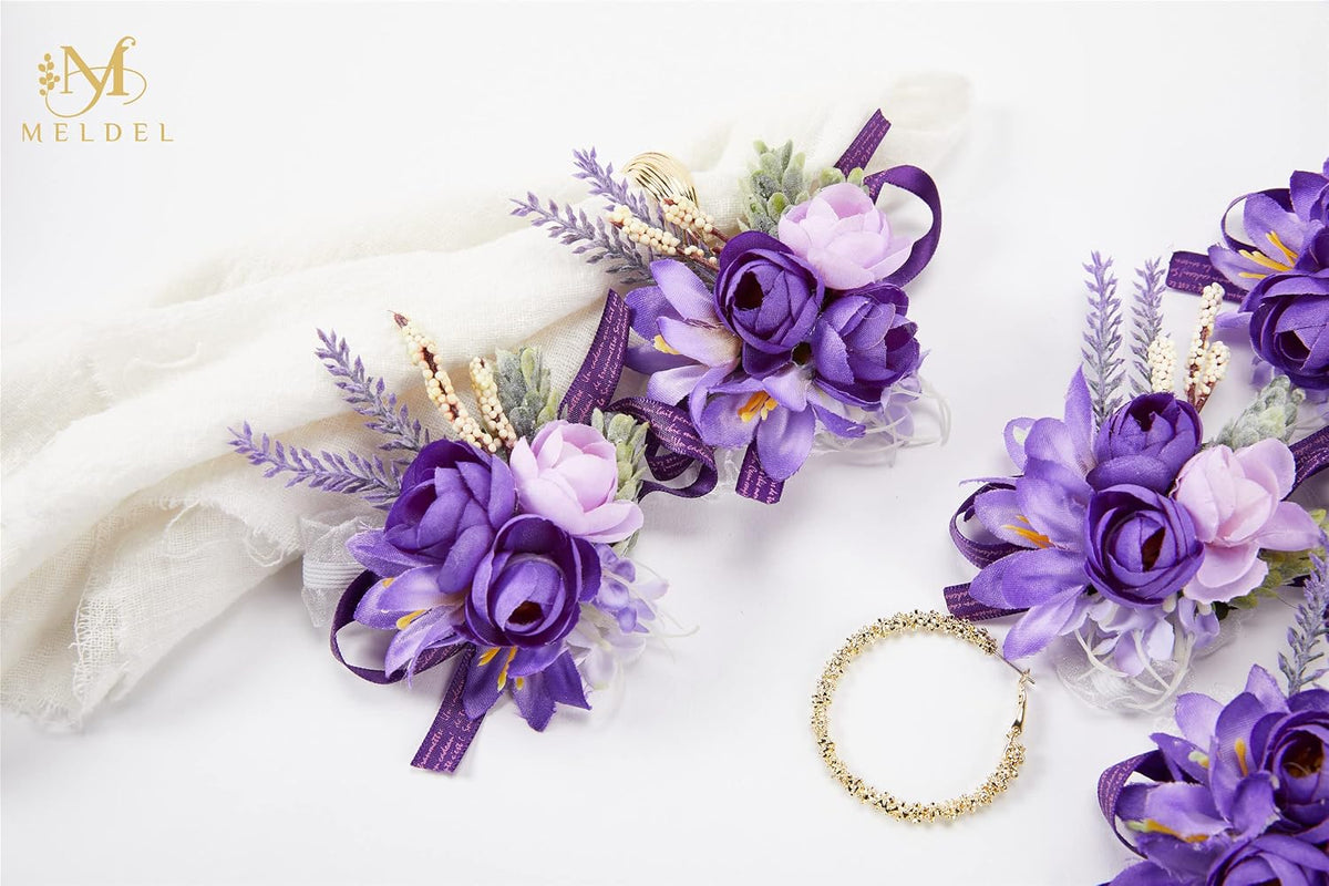 Lavender Purple Faux Wrist Corsages, Set of 6, for Bride Wedding