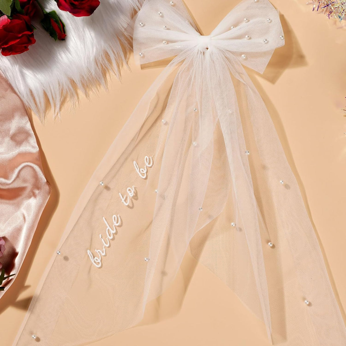 Bachelorette Veil for Bride to Be Short Pearl Bow Hair Veil with Embroidered Script 2-Tier Tulle Bridal Shower Accessory
