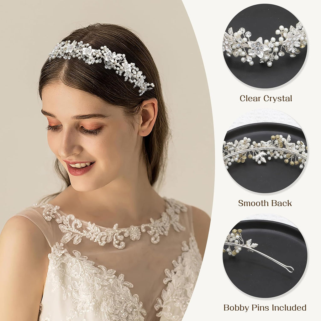 Oriamour Wedding Headbands Bridal Pearl and Crystal Floral Hair Accessories Bridal Headpieces For Bride Women Party Prom (Silver, 18'')