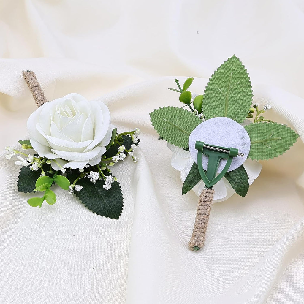 2Pcs White Rose Boutonniere for Men, Groomsmen and Groom Best Man Artificial Flower Boutonnieres Set for Rustic Wedding Anniversary Prom Homecoming Party Formal Dinner