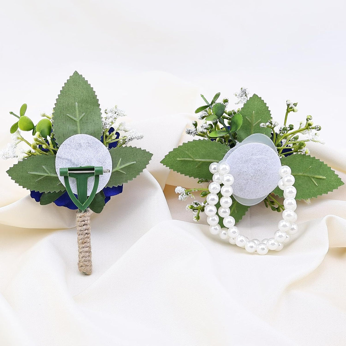 2Pcs Royal Blue Rose Corsage and Men Boutonniere Set, Wrist Band Bracelets, for Wedding Bride Bridesmaid Groom Groomsmen Flower Accessories Prom Party Man Suit Decor