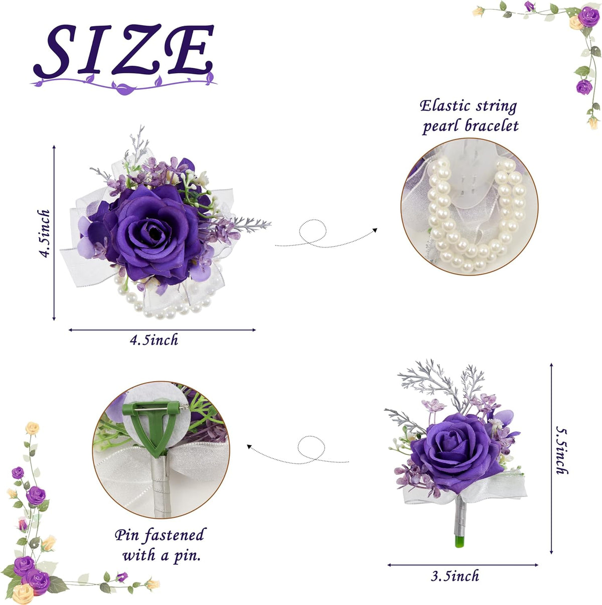 2 Pcs Purple Wrist Corsage and Boutonniere Set