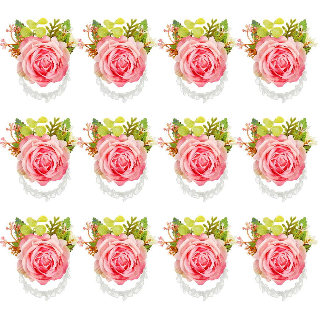 Jexine 12 Pcs Rose Wrist Corsage Bracelet Wedding Bridal, White Elegant