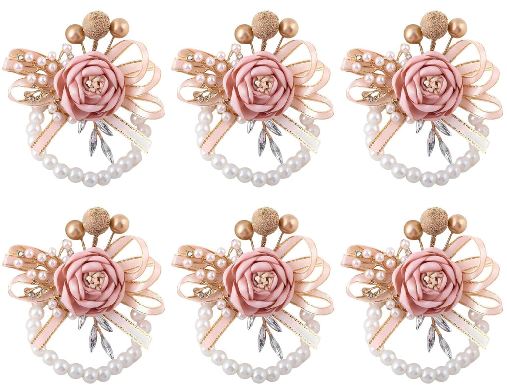 Wrist Corsages Set of 6 for Wedding Bridal Bride Bridesmaid Artificial Hand Flower Corsage Wristlet Band Homecoming Graduation Prom Party Ivory and Pink