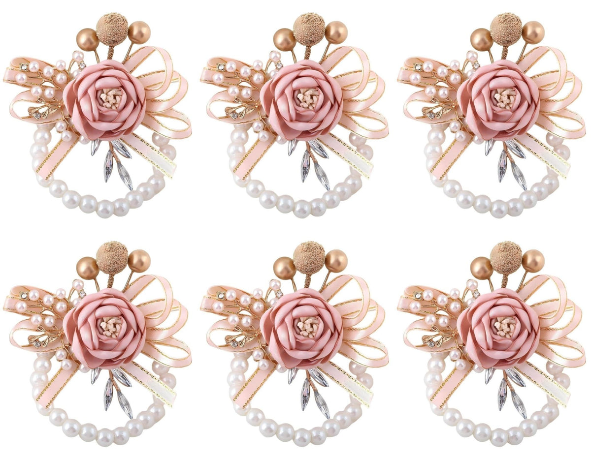 Wrist Corsages Set of 6 for Wedding Bridal Bride Bridesmaid Artificial Hand Flower Corsage Wristlet Band Homecoming Graduation Prom Party Ivory and Pink