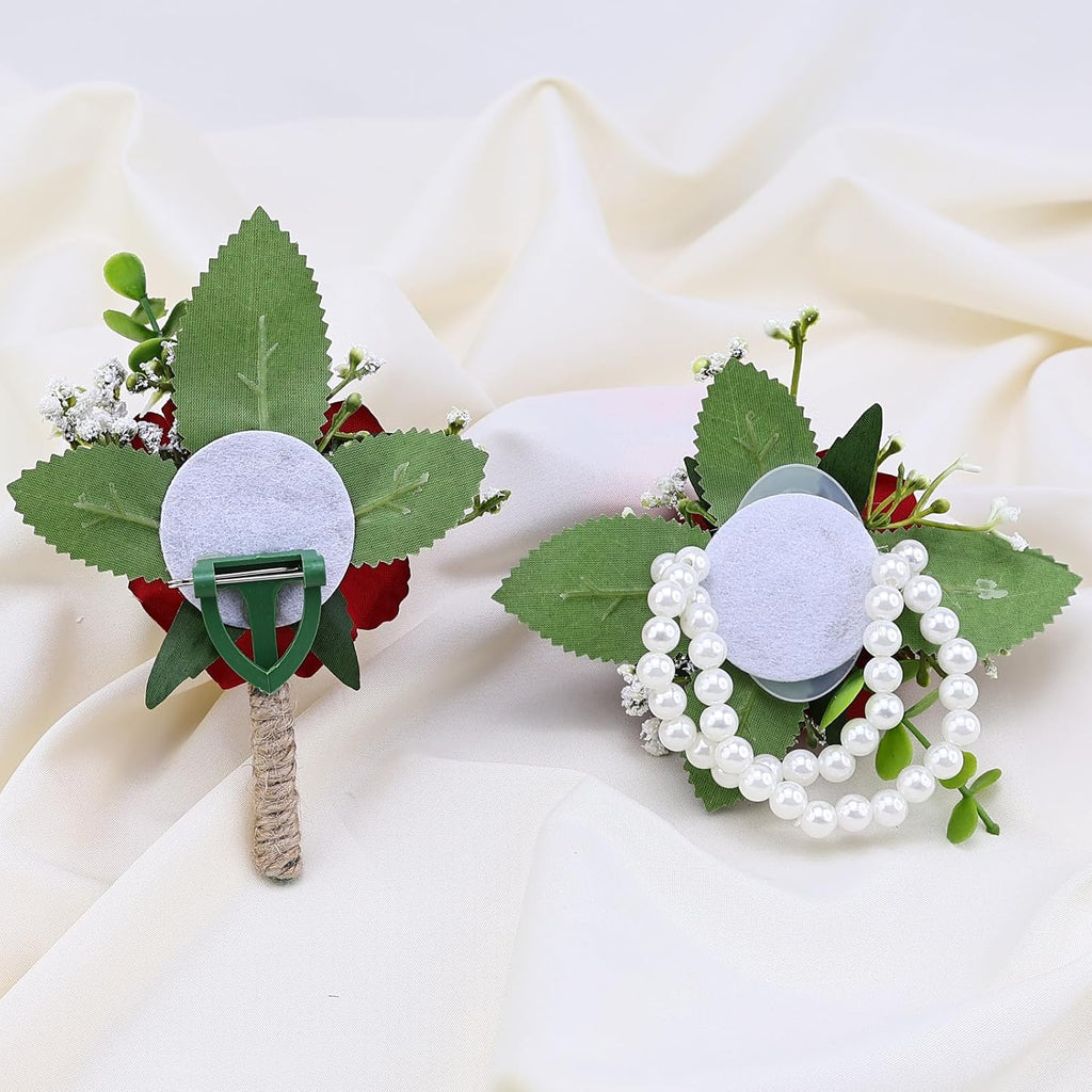 2Pcs Red Rose Corsage and Men Boutonniere Set, Wrist Band Bracelets, for Wedding Bride Bridesmaid Groom Groomsmen Flower Accessories Prom Party Man Suit Decor