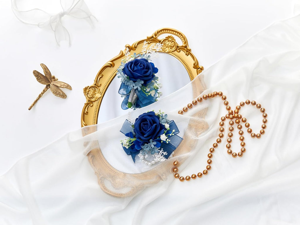 2 Pcs Blue Wrist Corsage and Boutonniere Set