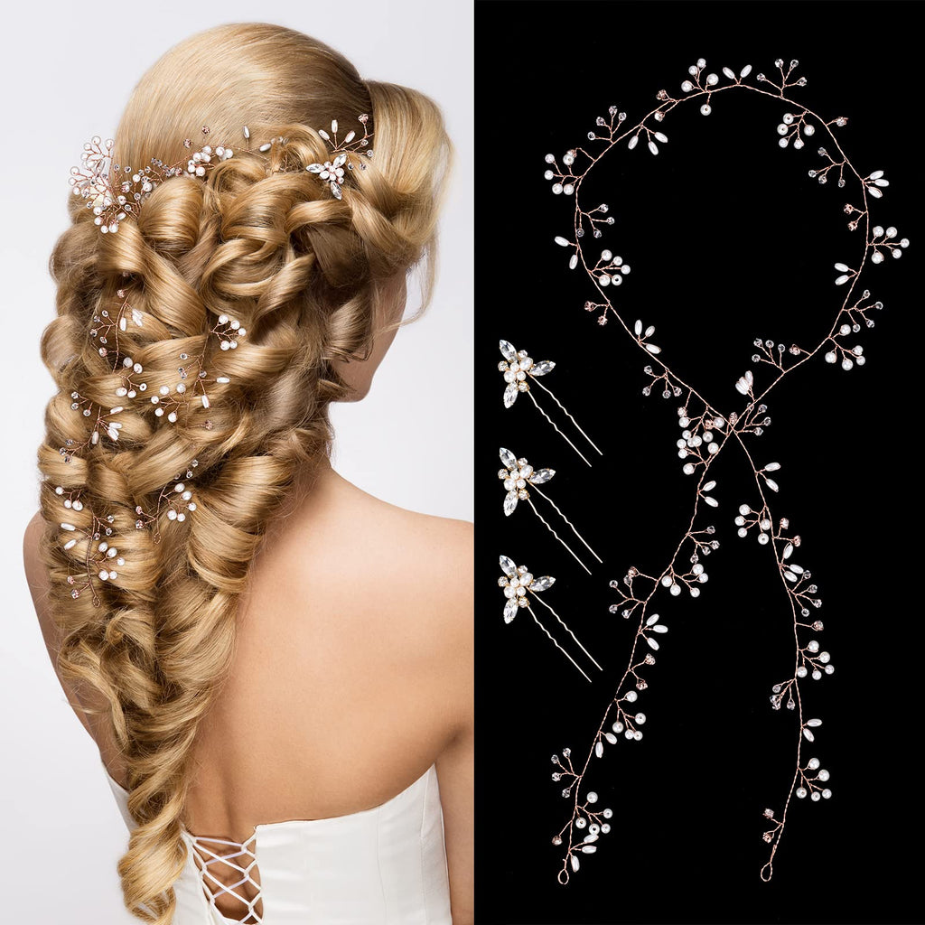 Wedding Hair Bridal Hair Accessories Pieces for Brides Hair Vine Crystal Extra Long Pearl and Beads Bridal Hair Vine Headband Head Pieces for Women and Girls (39inGold, 39in)