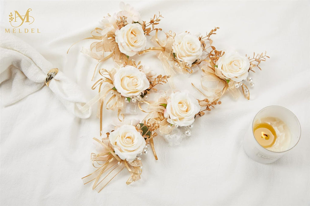 Artificial Champagne Rose Wrist Corsages Set 6Pcs for Wedding Party