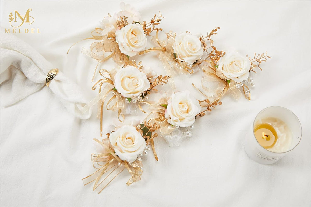 Artificial Champagne Rose Wrist Corsages Set 6Pcs for Wedding Party