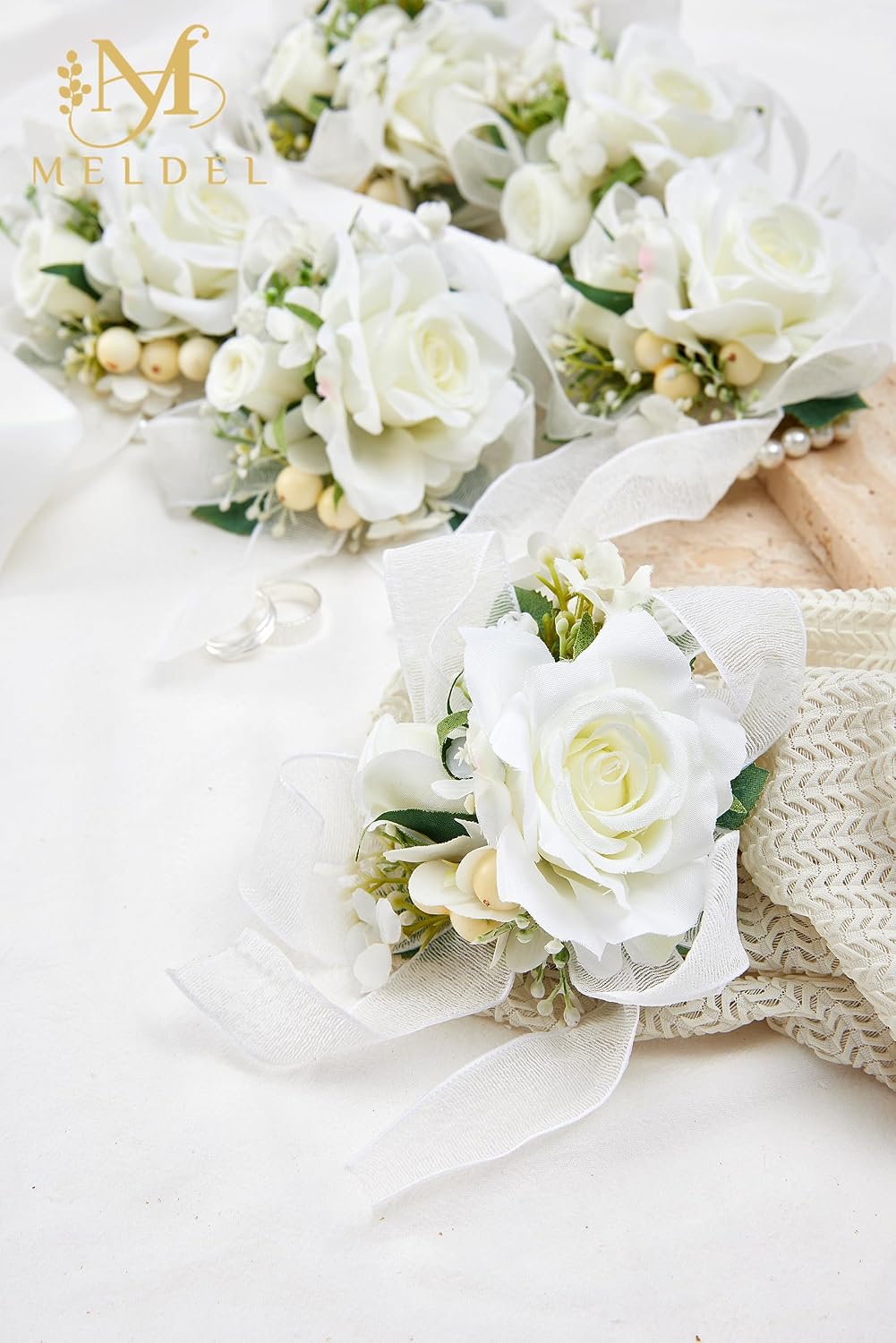 6Pcs White Artificial Silk Rose Wrist Corsages Wedding Prom