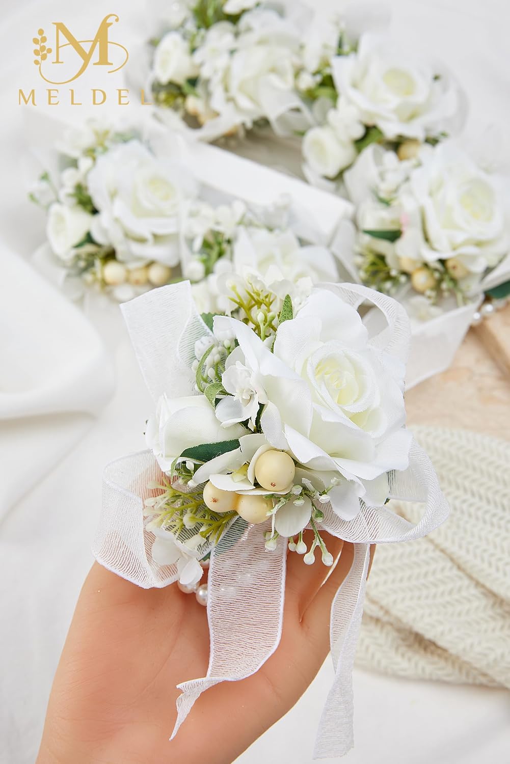 6Pcs White Artificial Silk Rose Wrist Corsages Wedding Prom