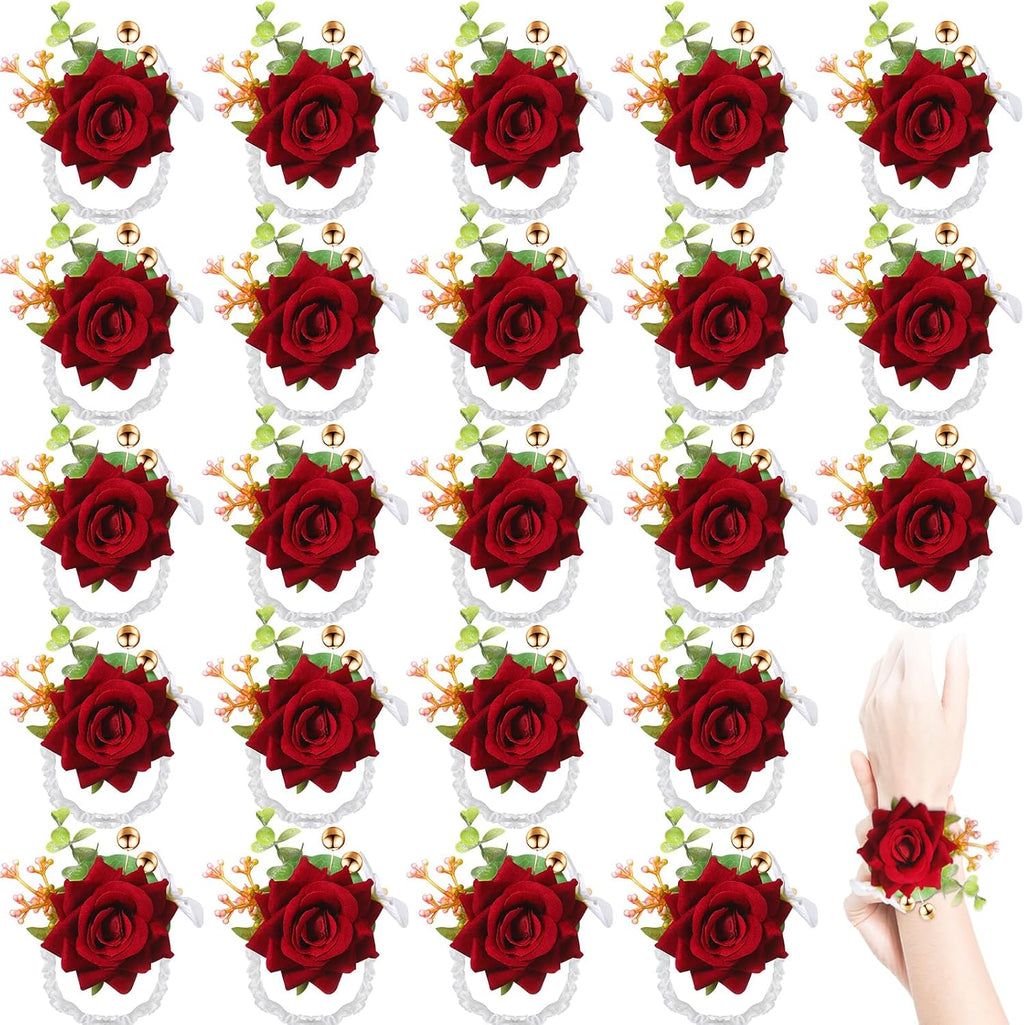Sherr 24 Pcs Red Wrist Corsage Wristlet Bridesmaid Wedding,Wine Red