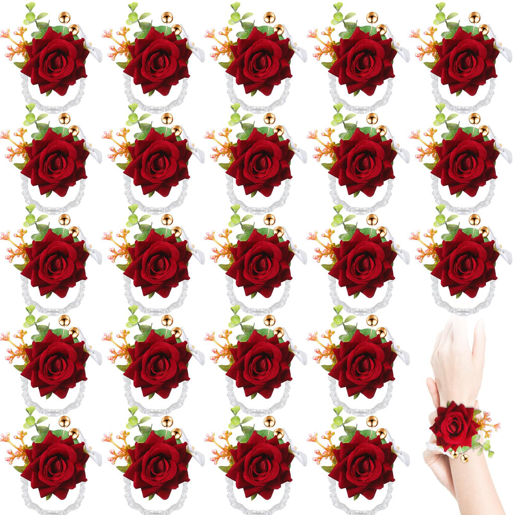 Sherr 24 Pcs Red Wrist Corsage Wristlet Bridesmaid Wedding,Wine Red