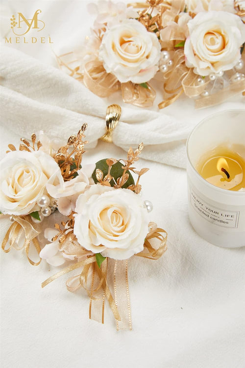 Artificial Champagne Rose Wrist Corsages Set 6Pcs for Wedding Party