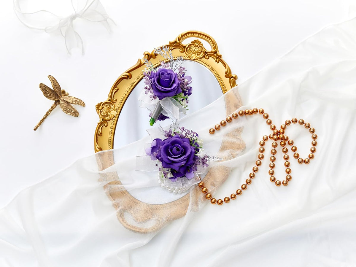2 Pcs Purple Wrist Corsage and Boutonniere Set
