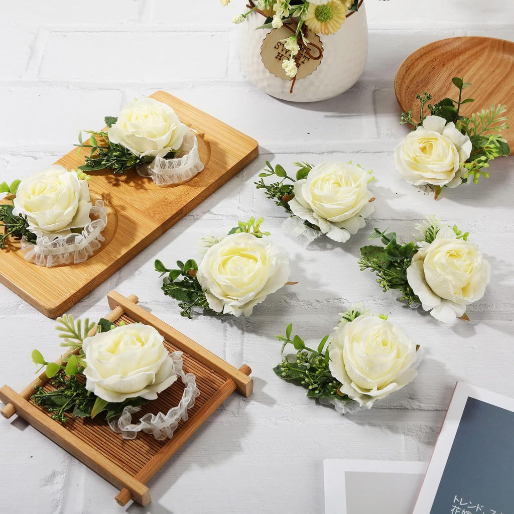 Jexine 12 Pcs Rose Wrist Corsage Bracelet Wedding Bridal, White Elegant