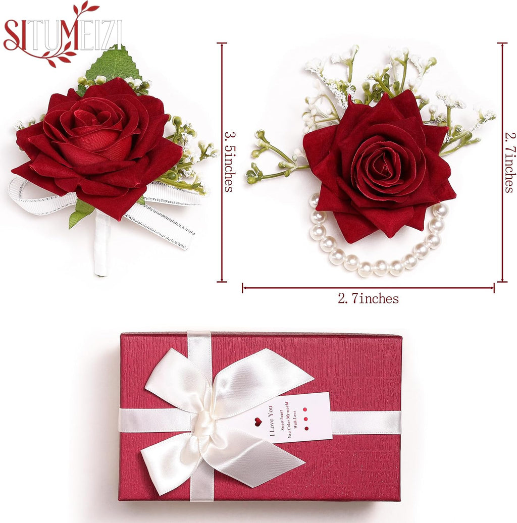 SITUMEIZI 2Pcs Red Rose Wrist Corsage and Boutonniere Set for Prom Decor
