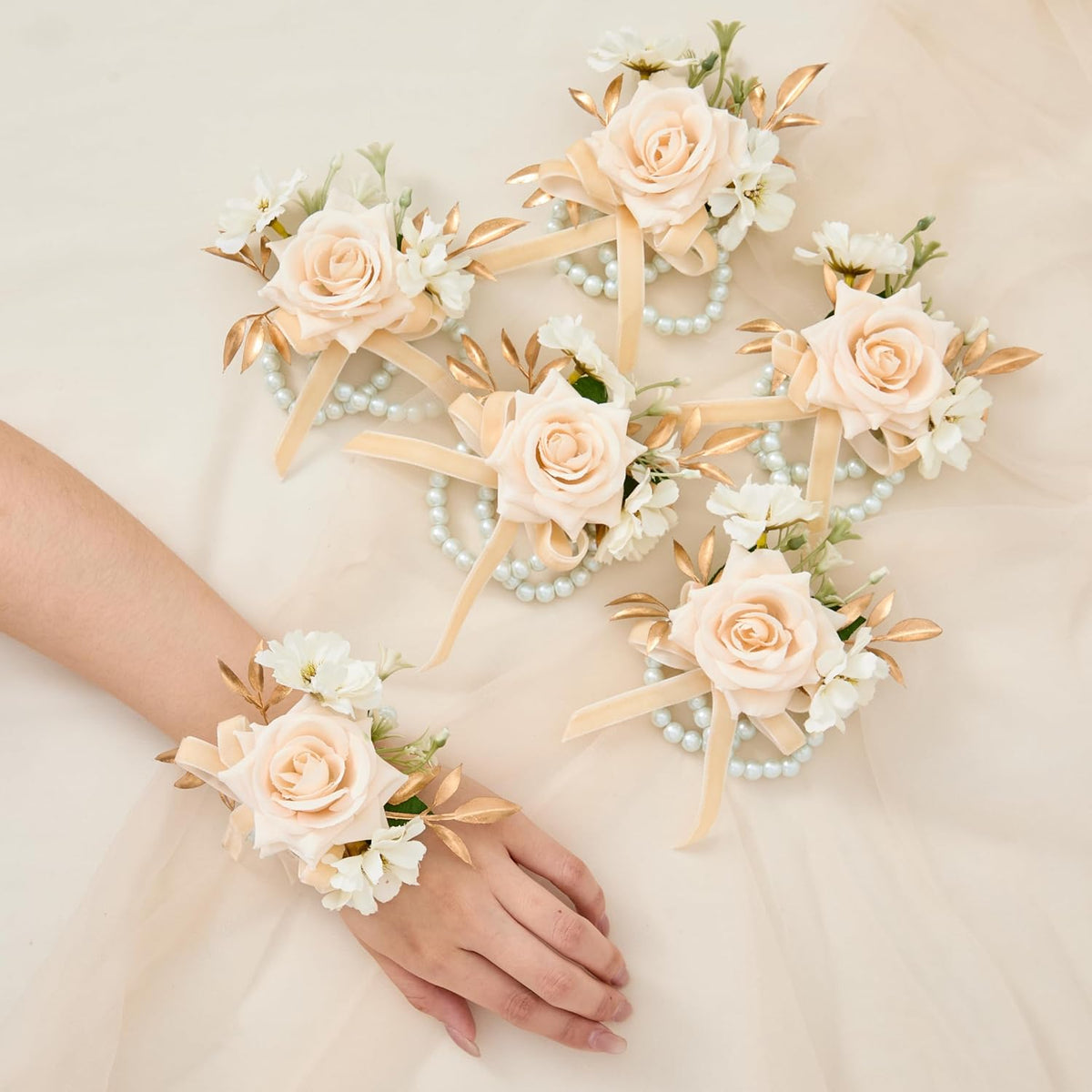 Serwalin 6 Pcs Champagne Rose Wrist Corsage Wristlet for Wedding Prom Party