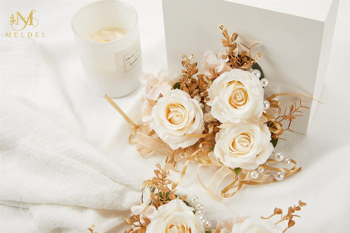 Artificial Champagne Rose Wrist Corsages Set 6Pcs for Wedding Party