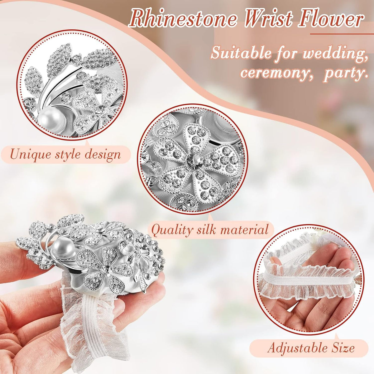 MTLEE 2 Pieces Rhinestone Wrist Corsage Wedding Corsage Wristlet Bracelet Silk Wrist Flower with Peal and Diamond for Wedding Bridesmaid Bridal Shower Prom Party