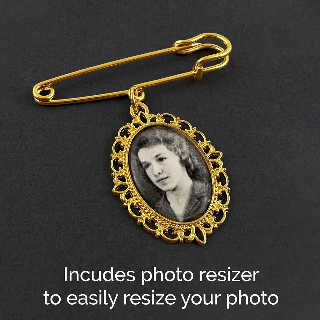 Gold Wedding Bouquet Photo Charm Pin for Bridal Bouquet or Boutonniere Memorial for Mother Father of The Bride or Groom Wedding Accessory