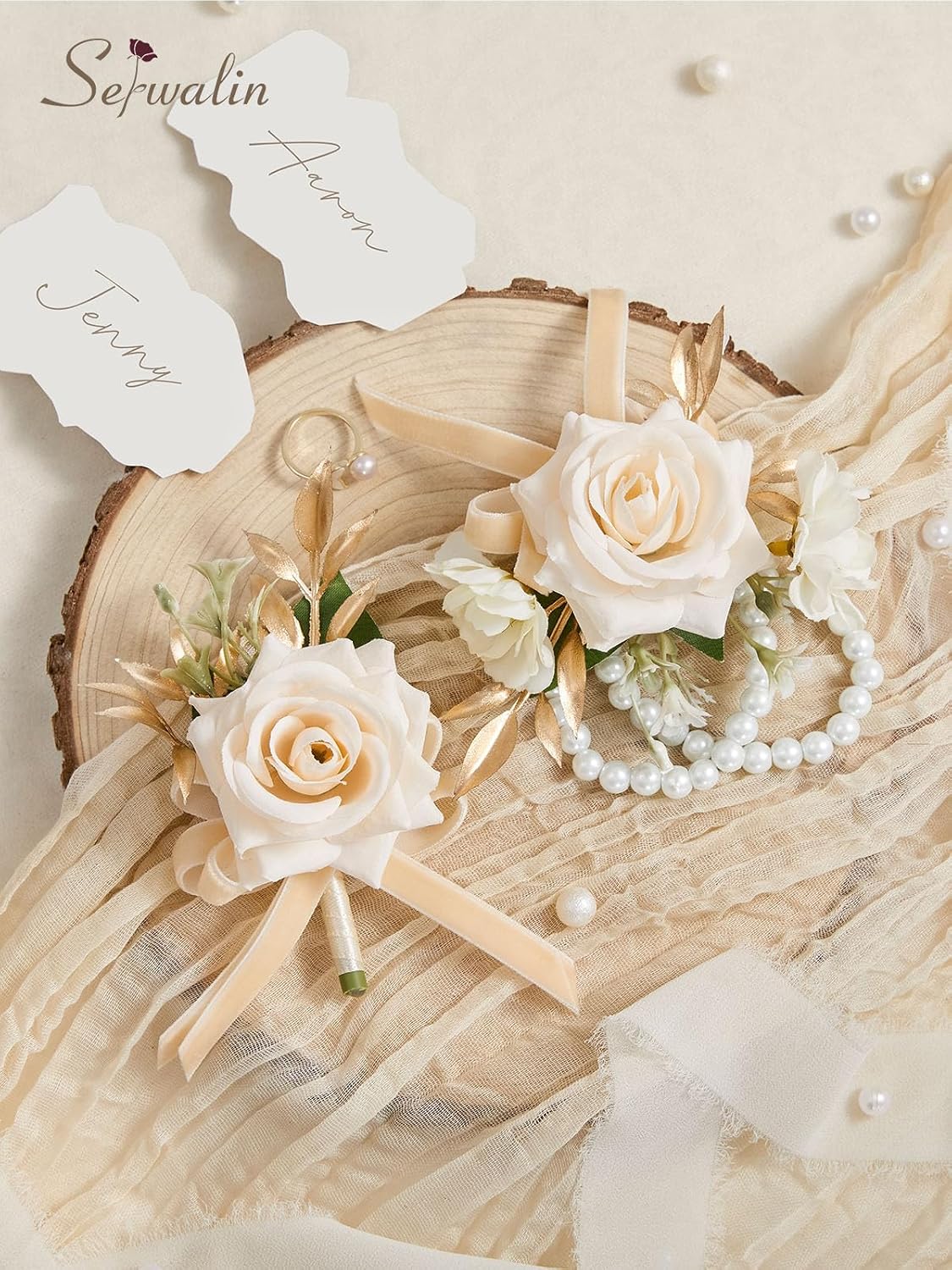 Serwalin Champagne Rose Corsage and Boutonniere Set for Wedding Prom Party