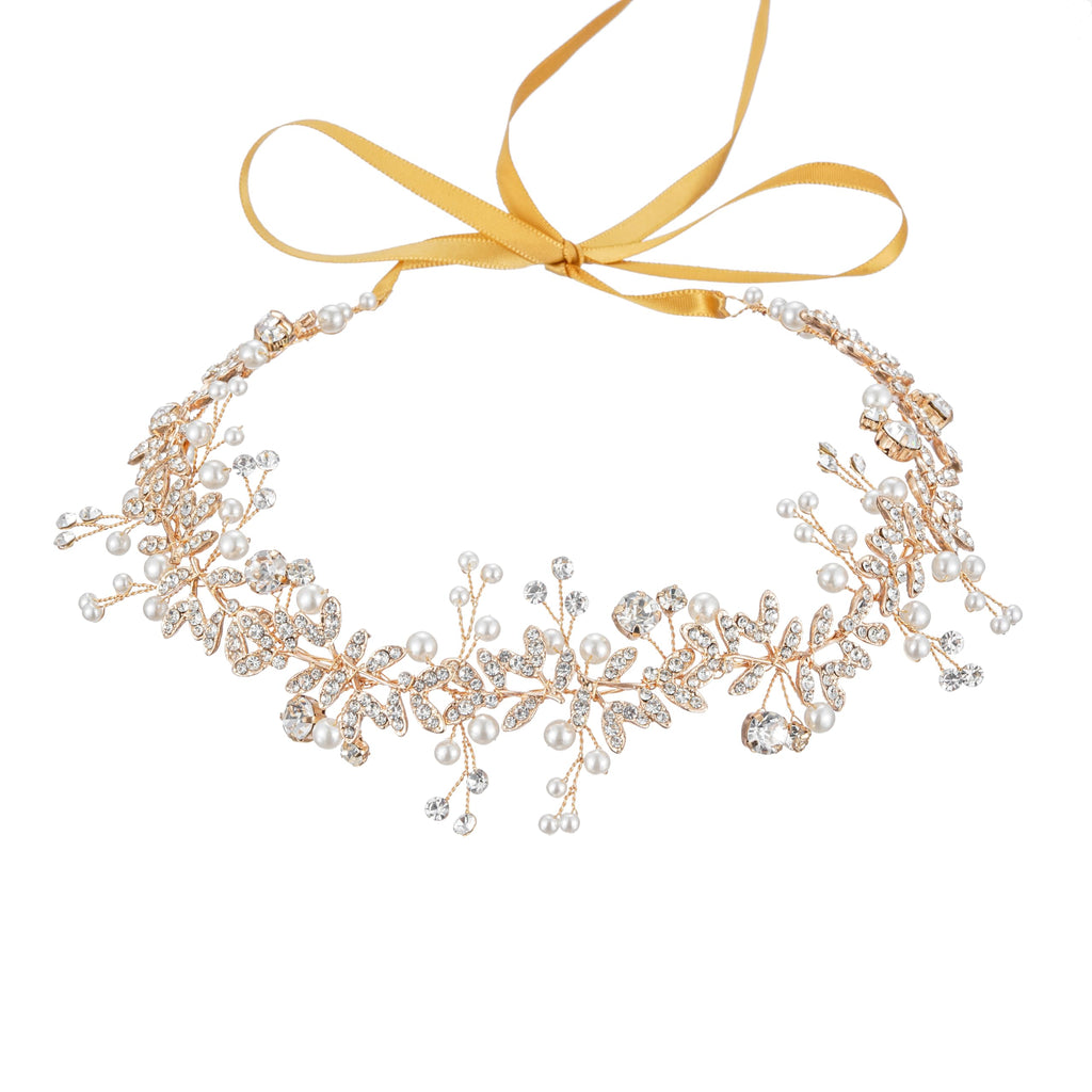 527&huan White Flowers Pearls Bridal Headband, Handmade Silver Wire Woven Wedding Hair Vine with Satin Ribbon, Lightweight Wedding Hair Accessory for Bride Flower Girl Bridesmaid Prom Pageant