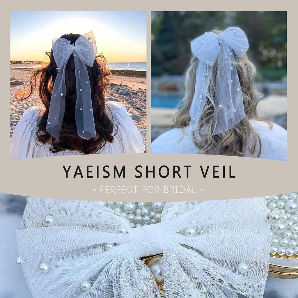 Bridal Veil Bachelorette Party Veil White Bow Wedding Veil Elegant Tulle Layer Hair Clip for Women and Girls