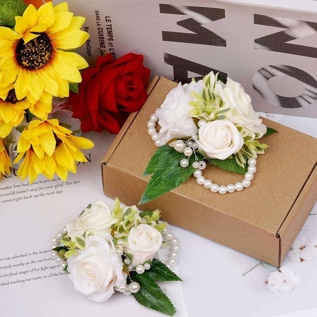 2 Pcs Prom Wrist Corsage Artificial Flowers Faux Pearl Bride Bridesmaid Bracelet for Prom Decor Wedding Anniversary Party Suit Flower Accessories (White)