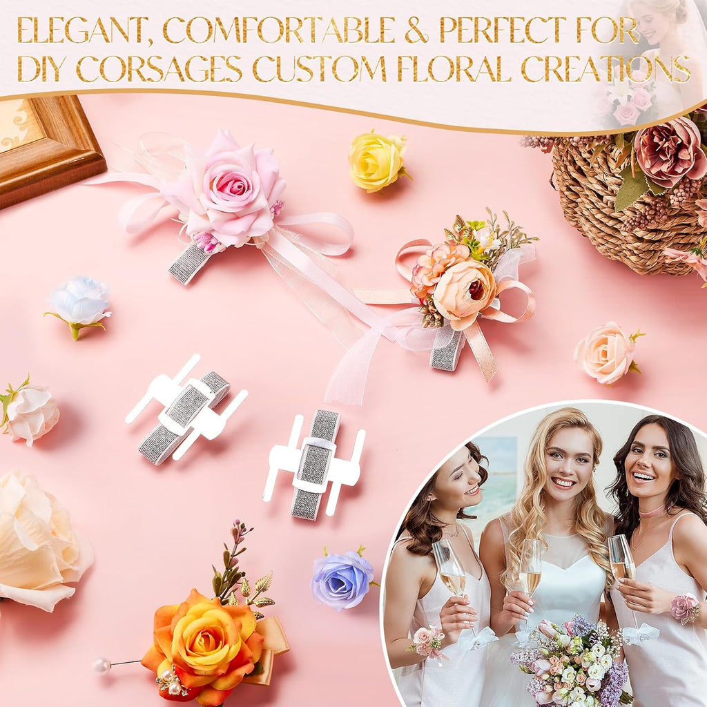 HIONXMGA Corsage Wristlet Band 16 Pcs Silver Wrist Corsage Bracelets Bands