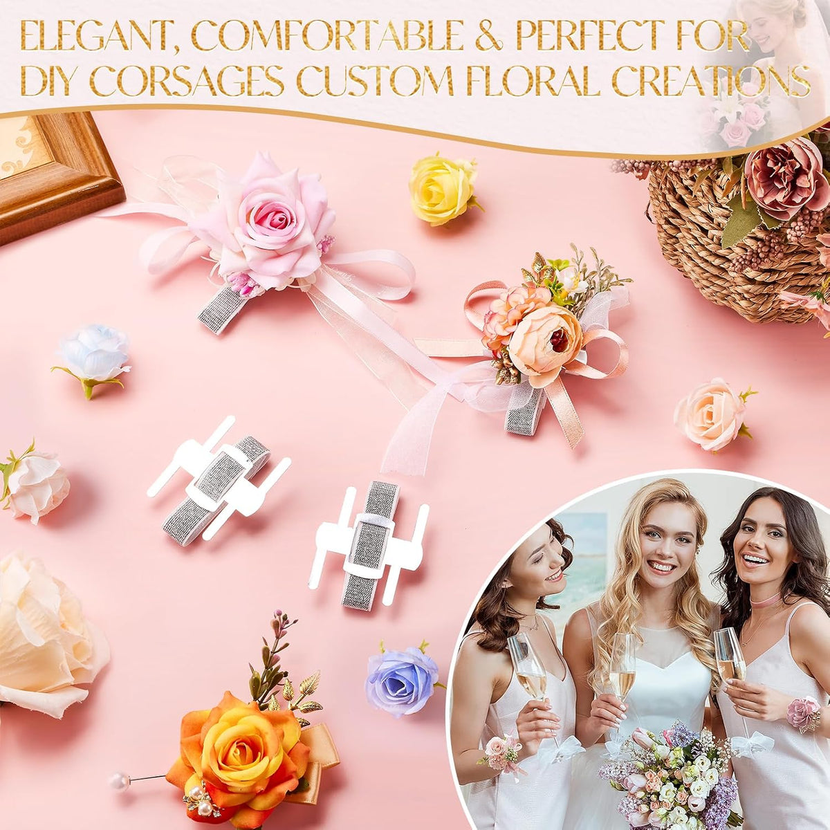 HIONXMGA Corsage Wristlet Band 16 Pcs Silver Wrist Corsage Bracelets Bands