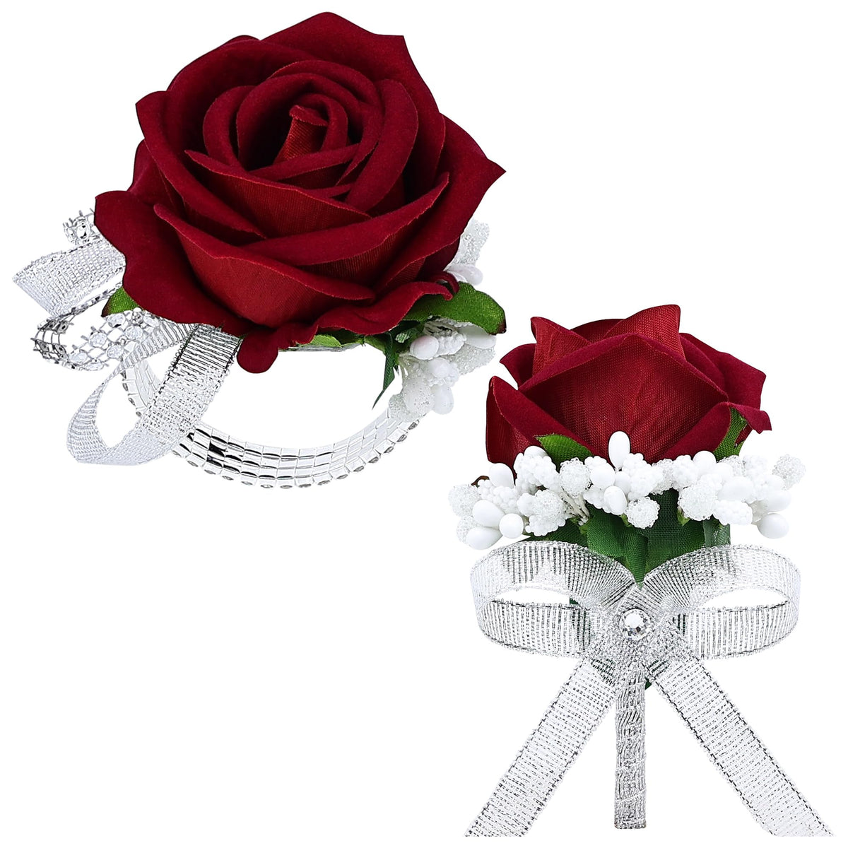 2Pcs Black Rose Corsage and Men Boutonniere Set Women Wristlet Band Wrist Bracelets, for Prom Wedding Ceremony Flowers Decorations and Homecoming Party Accessories