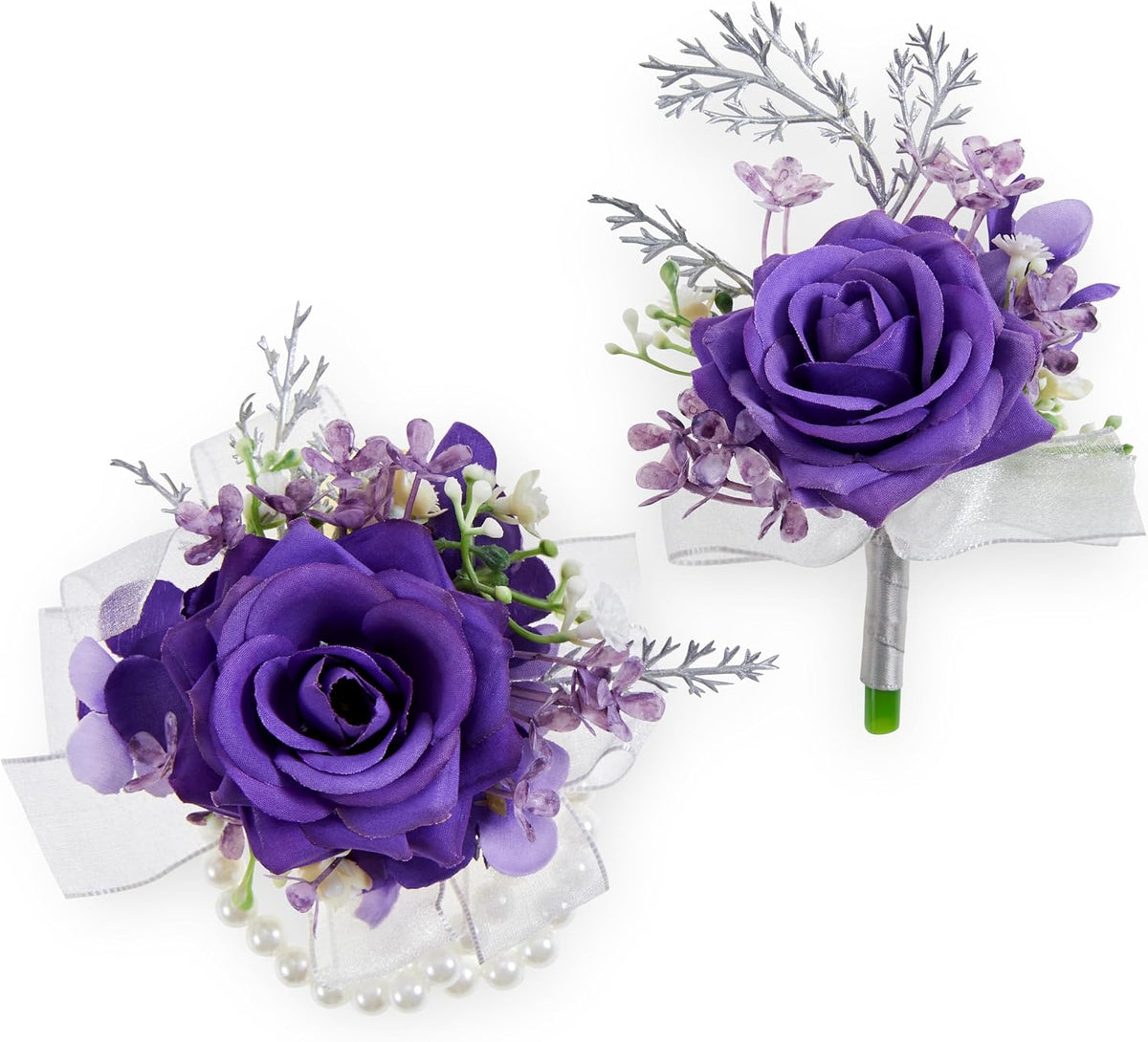 2 Pcs Purple Wrist Corsage and Boutonniere Set