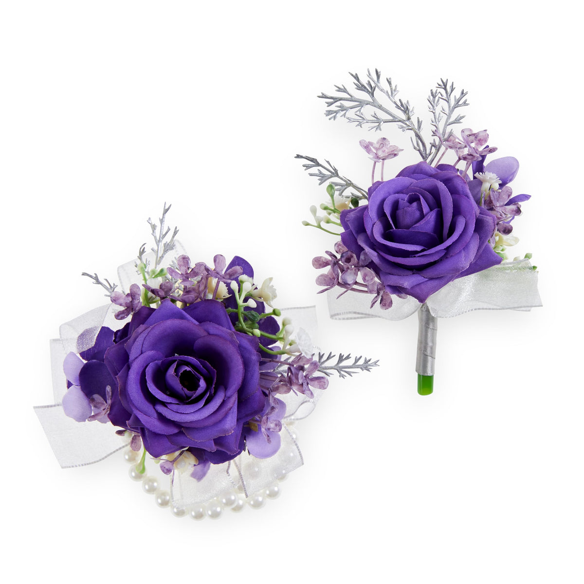 2 Pcs Purple Wrist Corsage and Boutonniere Set