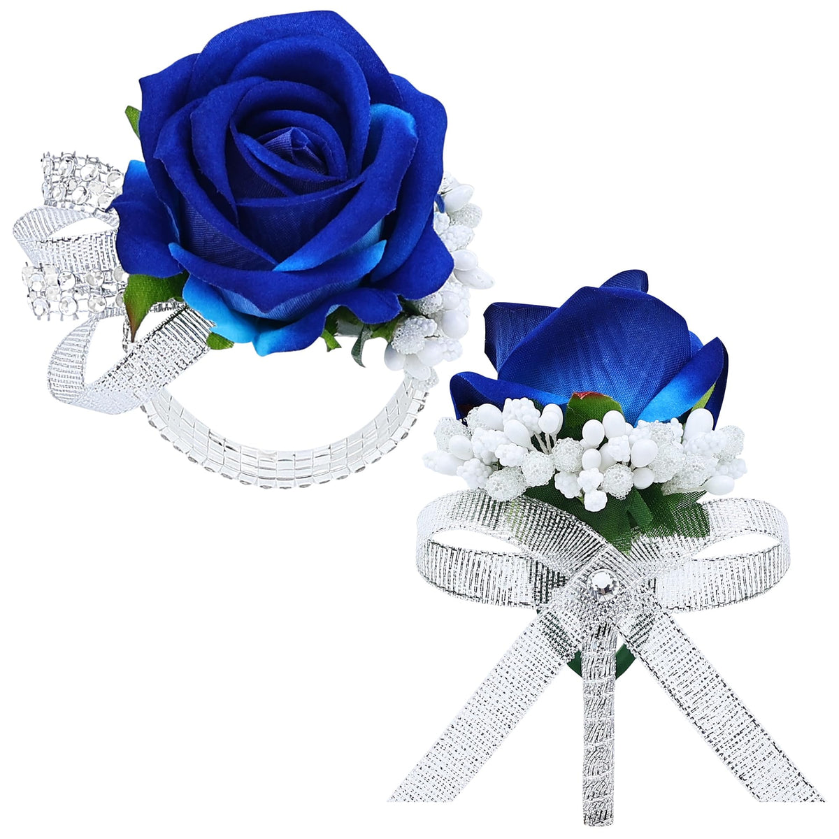 2Pcs Black Rose Corsage and Men Boutonniere Set Women Wristlet Band Wrist Bracelets, for Prom Wedding Ceremony Flowers Decorations and Homecoming Party Accessories