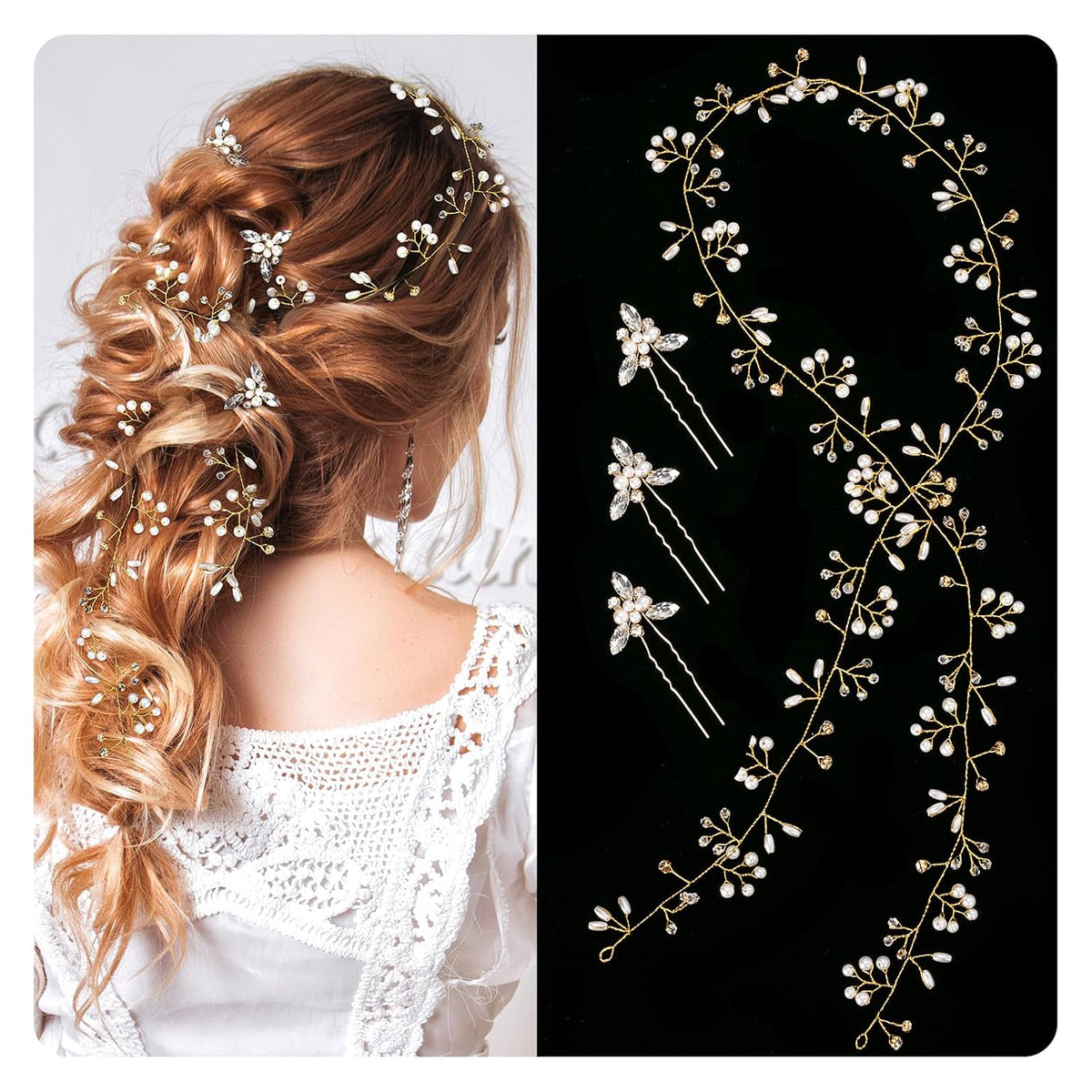 Wedding Hair Bridal Hair Accessories Pieces for Brides Hair Vine Crystal Extra Long Pearl and Beads Bridal Hair Vine Headband Head Pieces for Women and Girls (39inGold, 39in)
