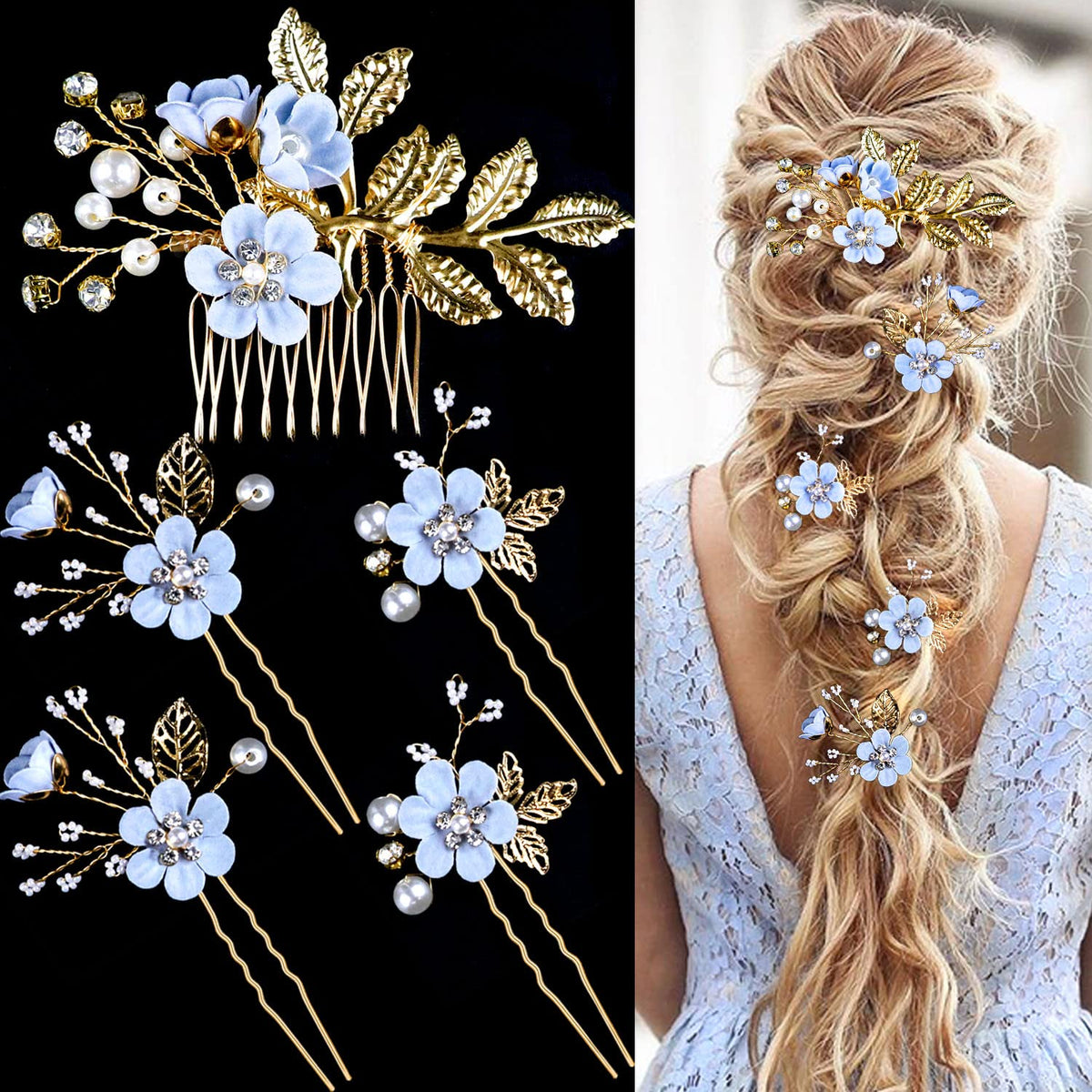 5 PCS Bridal Flower Wedding Hair Pins Crystal Pearl Hair Clips Headpiece Gold Wedding Hair Accessories Jewelry with Rhinestone for Brides Bridesmaids Women Girls Updo, Special Cream Blue