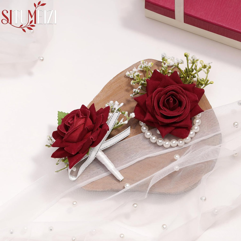 SITUMEIZI 2Pcs Red Rose Wrist Corsage and Boutonniere Set for Prom Decor